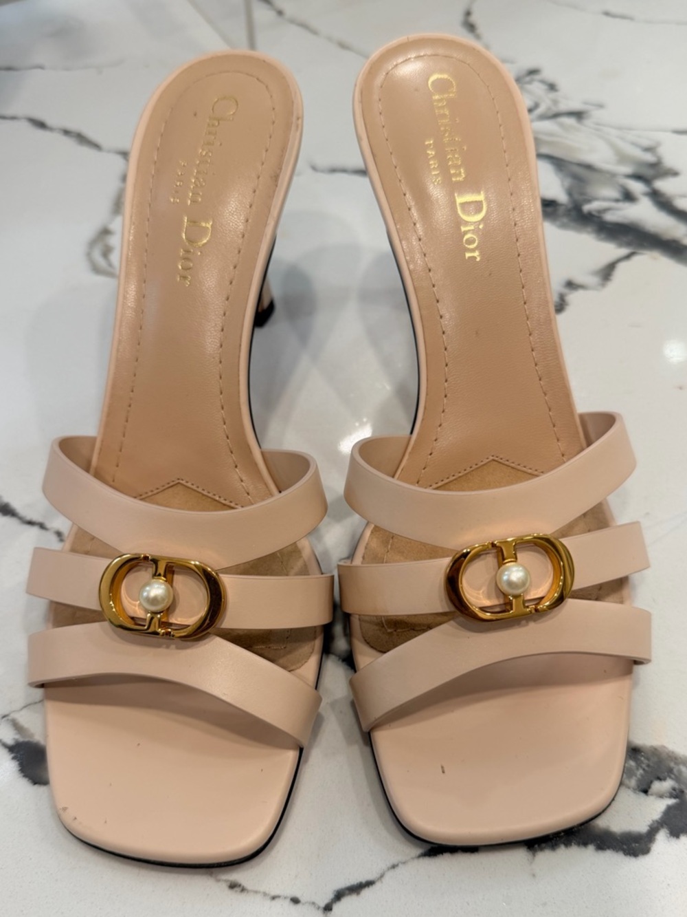 Dior Blush Pink Leather Slide Sandals with Gold Pearl Emblem